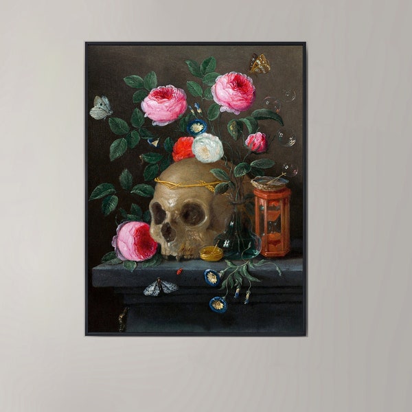 Jan van Kessel Print, Vanitas Still Life by Jan van Kessel, Vintage Skull Painting, Skull and Roses, Still Life