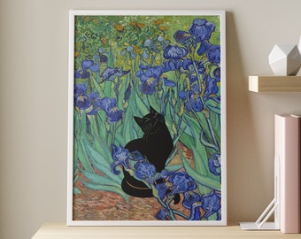 Cat Print Vincent Van Gogh, Irises Cat Print, Van Gogh Cat Poster, Cat Art, Floral Print, Funny Cat print, Funny gift, Vintage Cat Poster