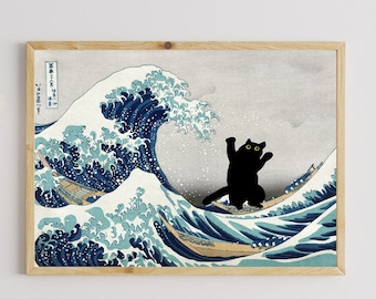 Cartaz de gato, gato grande onda, arte de gato, gato em impressão de arte famosa, pintura famosa com gatos, impressão de gato engraçado, fotos de gato vintage