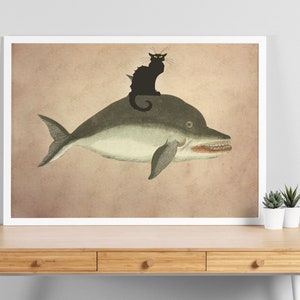 Black Cat Riding Whale Vintage, Cat Poster, Cat Print, Funny Cat Print, Vintage Cat Art, Prints Wall Art Cat