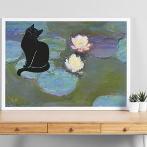 Monet Cat Pictures, Waterlily Cat Art, Floral Cat Art, Cat Poster Monet, Whimsical Cat Poster, Fine Art Cat Print, Comedy Art