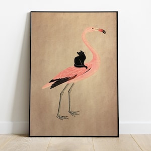 Black Cat Riding Flamingo Vintage, Cat Poster, Cat Print, Funny Cat Print, Vintage Cat Art, Prints Wall Art Cat