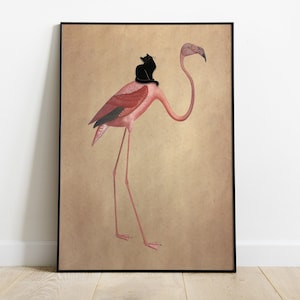 Black Cat Riding Flamingo Vintage, Cat Poster, Cat Print, Funny Cat Print, Vintage Cat Art, Prints Wall Art Cat