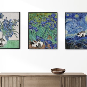 Van Gogh Cat Poster, Set of 3 Cat Art, Monet Cat Print , Floral Print, Funny Cat print, Irises Cat, Vintage Cat Poster