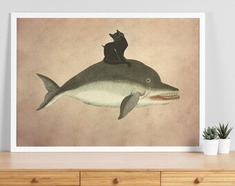 Black Cat Riding Whale Vintage, Cat Poster, Cat Print, Funny Cat Print, Vintage Cat Art, Prints Wall Art Cat