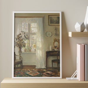 Interior With Sunlight Through a Window, Moody Interior Painting, Interior Scene Art, European Poster, Vintage Style Prints, Vintage Poster