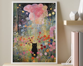 Gato preto Klimt, gato Gustav Klimt, gato Monet, impressão de Gustav Klimt, arte de comédia, presente para mamãe de gato, impressão de gato engraçado