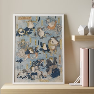 Póster japonés vintage, ranas samurai de Kuniyoshi Utagawa, impresión de rana japonesa, arte de rana impresa, arte de rana japonesa, impresión japonesa