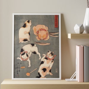Vintage Japanese poster, Four Cats In Different Poses, Kuniyoshi Utagawa Print, Japanese Art, Utagawa Poster, Japanese Cat Print
