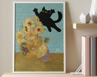 Katzen Poster Vincent Van Gogh, Blumen Katzen Poster, Van Gogh Katzen Poster, Katzen Kunst, Blumendruck, Lustiger Katzen Druck, Lustiges Geschenk, Vintage Katzen Poster