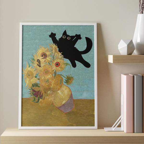 Cat Print Vincent Van Gogh, Flowers Cat Print, Van Gogh Cat Poster, Cat Art, Floral Print, Funny Cat print, Funny gift, Vintage Cat Poster