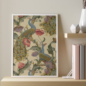 Peacock Print, Peacock Art Print, Poppies Print, Vintage Peacock Art, Peacock Poster, Bird Art Print, Bird Wall Art