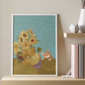Van Gogh Cat Print, Floral Cat Art, Cat Poster Monet, Whimsical Cat Poster, Fine Art Cat Print, Comedy Art