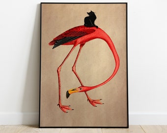 Gato preto equitação flamingo vintage, cartaz de gato, impressão de gato, impressão de gato engraçado, arte de gato vintage, impressões de arte de parede de gato