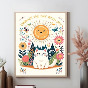 Joyful Sunshine Cat Print, Cheerful Floral Kitty Art, Positive Vibes Feline Poster, Inspirational Cat Wall Decor