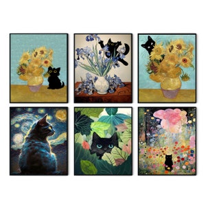 Cat Print Vincent Van Gogh, Eclectic Cat Wall Art, Giclée Monet Waterlily Cat Print, Klimt Cat Art, Black Cat Monet, Funny Cat print,