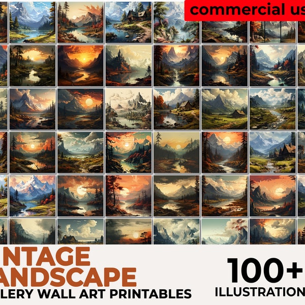 Panorama Landscape Printable, Panoramic Wall Art, Vintage Painting, Landscape Print Painting, Gallery Wall Bundle, Art Bundle Sale