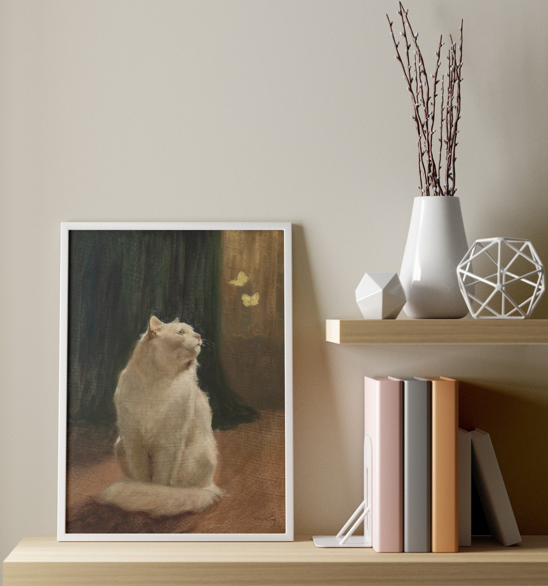 Antique Cat Painting, Art Print, Vintage Cat Painting, White Cat With