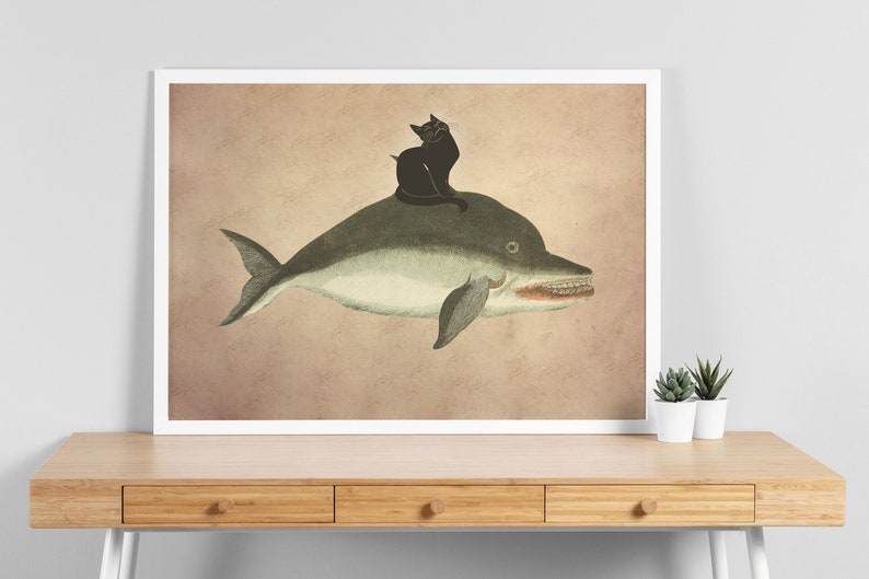 Black Cat Riding Whale Vintage, Cat Poster, Cat Print, Funny Cat Print, Vintage Cat Art, Prints Wall Art Cat image 1