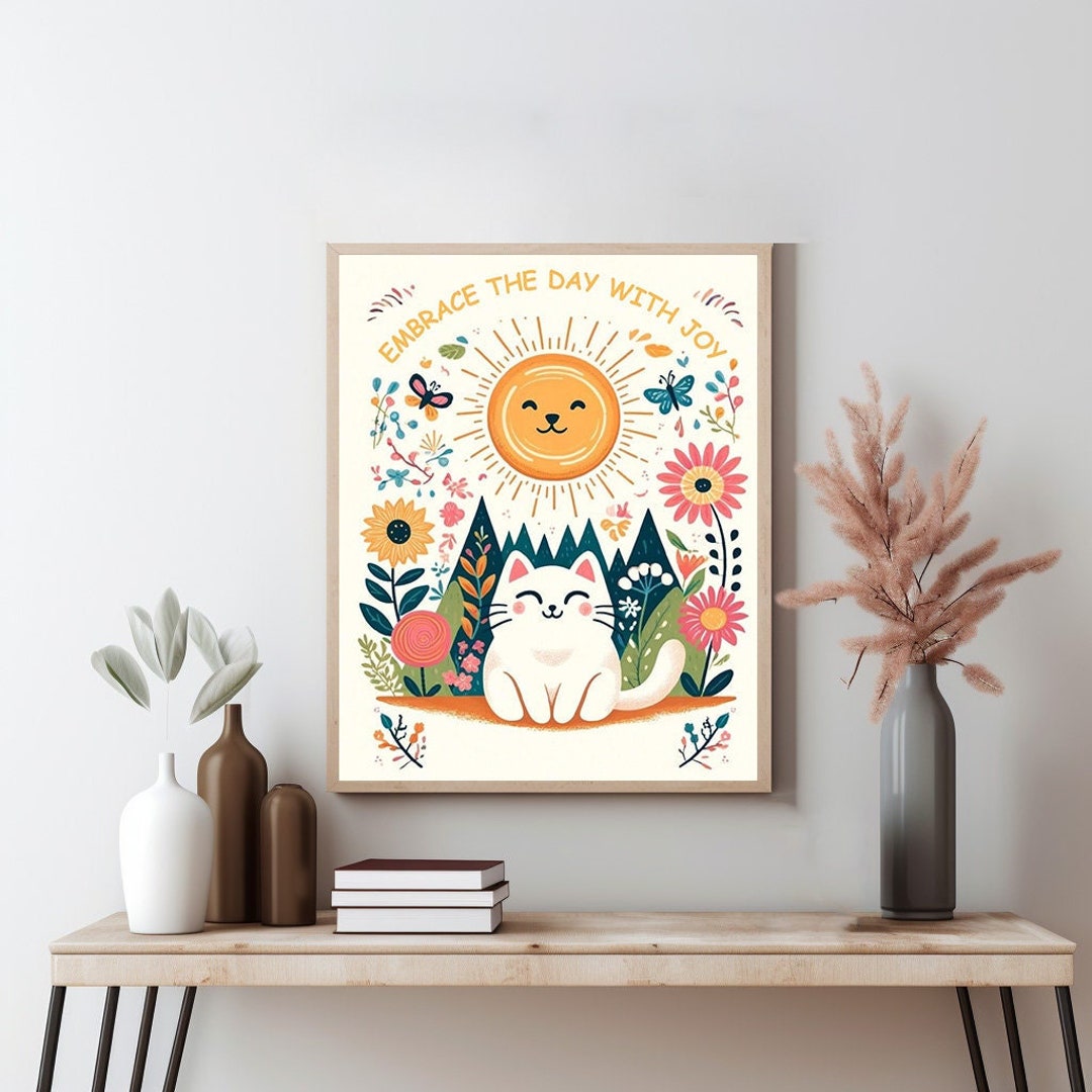 Joyful Sunshine Cat Print, Cheerful Floral Kitty Art, Positive Vibes ...