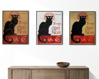 Vintage French Black Cat Poster Set of 3,Rodolphe Salis, Le Chat Noir Poster 1896, Theophile Steinlen Bohemian Poster Art