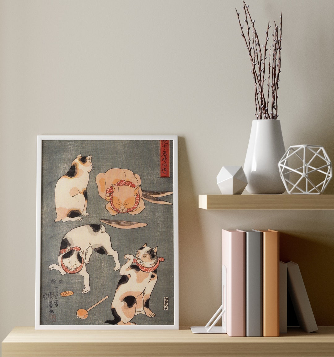 Vintage Japanese Poster, Four Cats in Different Poses, Kuniyoshi