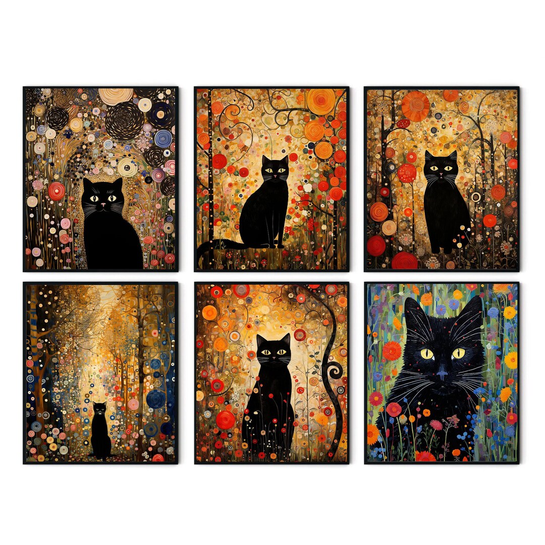 Póster Gustav Klimt: Gato Negro En Jardín De Flores | Cuadro Enmarcado Impresión Papel
