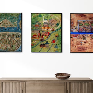 Ottoman Map Print 3er Set, Vintage Matrakci Nasuh, Istanbul Art Illustration, Vintage Art Print, digitaler Download
