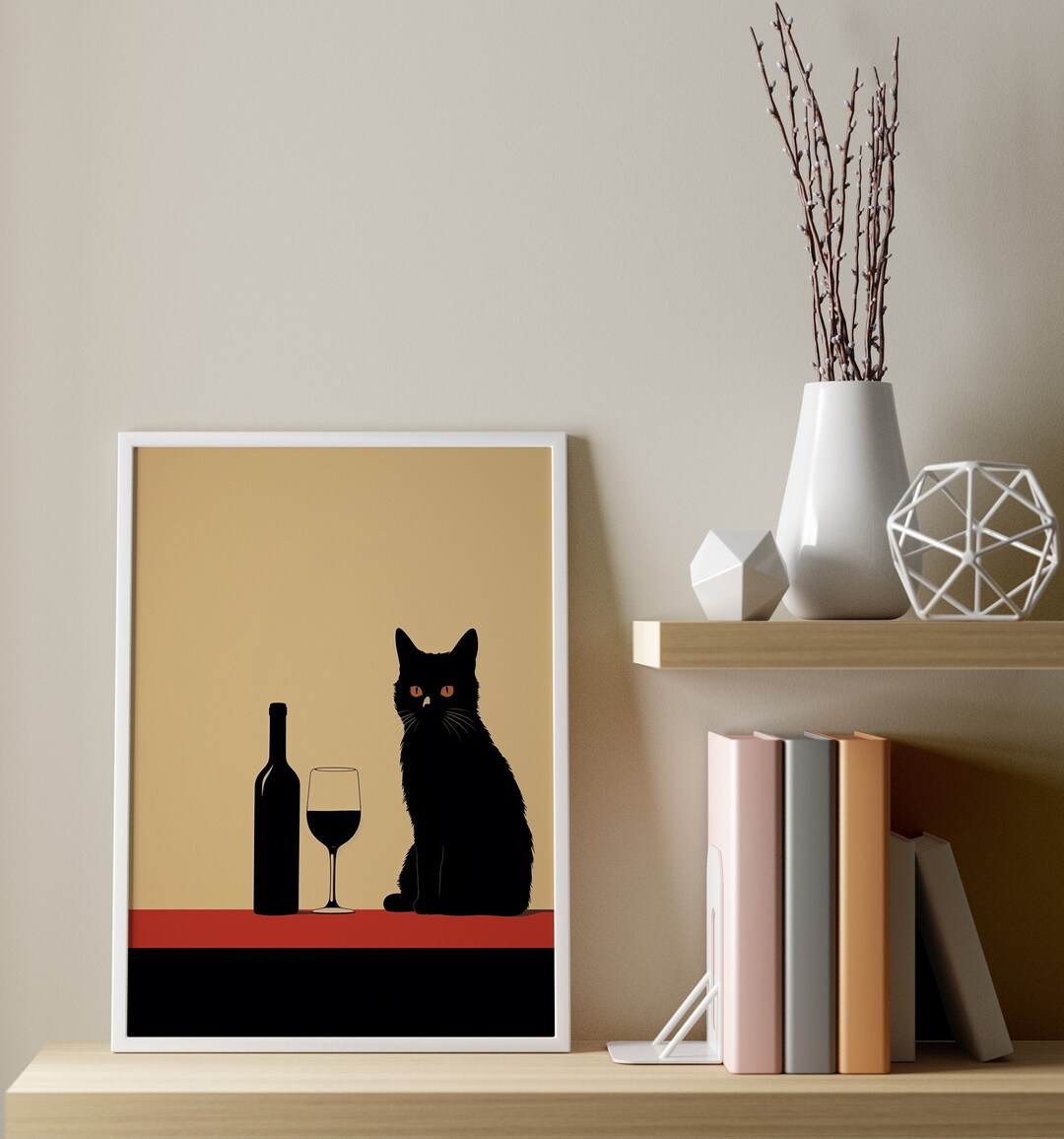 Cat Wine Art, Cat Glass Wine Poster, Black Japanese Cat Print, Comedy ...
