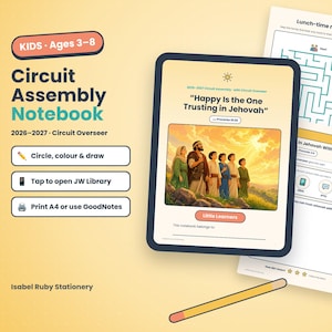 May include: A digital notebook for children aged 3-8 titled Circuit Assembly Notebook 2026-2027. The cover features an illustration of people looking towards a bright sun, with text reading Happy Is the One Trusting in Jehovah. Includes activity pages.
