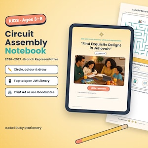 May include: A digital Kids Circuit Assembly Notebook for ages 3-8, titled Find Exquisite Delight in Jehovah. The notebook features activity pages, a lunch-time maze, and a family illustration. It includes instructions for printing on A4 paper or using GoodNotes.