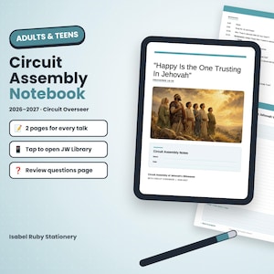 May include: A digital circuit assembly notebook for adults and teens with the title Happy Is the One Trusting In Jehovah, featuring a cover illustration of a group of people, 2026-2027 Circuit Overseer text, and interactive buttons for notes.
