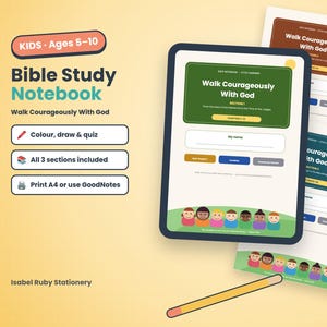 Puede incluir: Un cuaderno de estudio bíblico digital para niños de 5 a 10 años titulado Walk Courageously With God. La interfaz incluye secciones para colorear, dibujar y realizar cuestionarios, con opciones para imprimir en A4 o usar con GoodNotes.