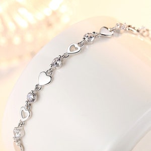 925 sterling silver heart bracelet with cubic stones - adjustable with a gift bag pouch | Personalised | women