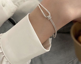 Brazalete de pulsera de cuerda elegante de plata de ley 925 - ajustable con una bolsa de regalo / mujeres personalizadas