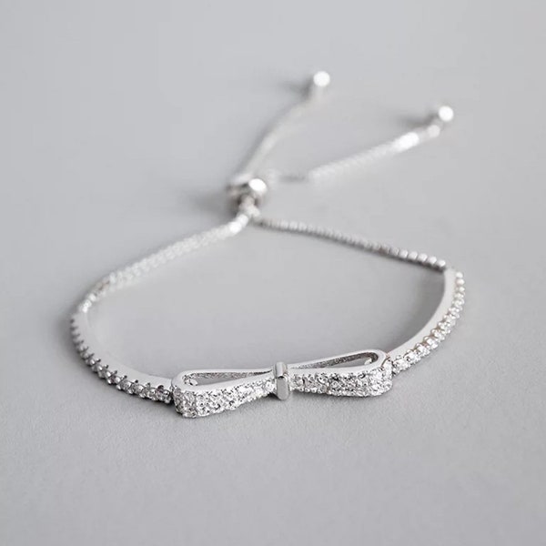 925 sterling silver CZ diamond Bowknot bracelet - adjustable with a gift bag pouch | personalised women