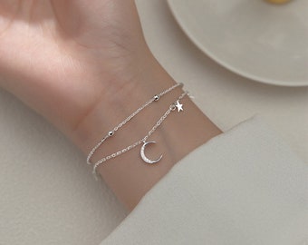 Bracciale con luna e stella in argento sterling 925 - regolabile con un sacchetto regalo / gioielli da donna personalizzati