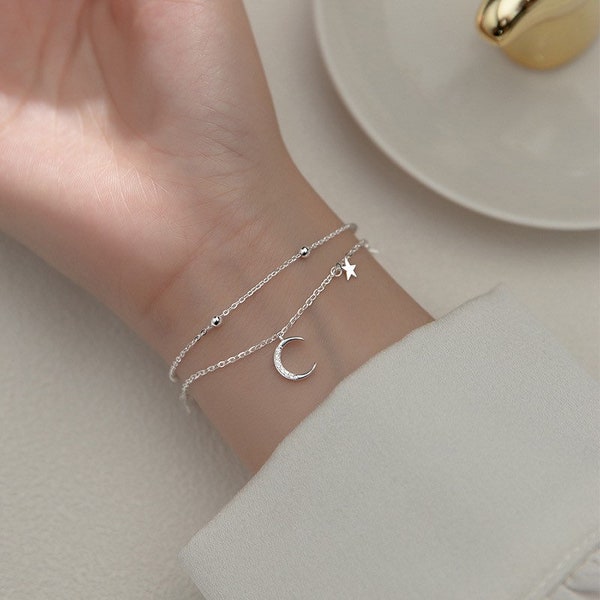 925 sterling silver moon & star bracelet - adjustable with a gift bag pouch | personalised women jewellery