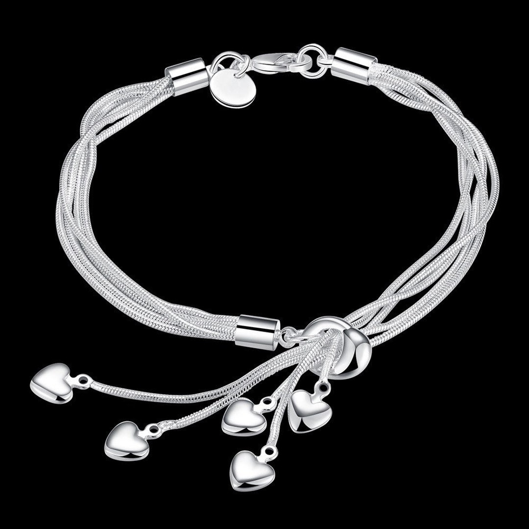 925 Sterling Silver 7.5 Inch Heart Link Chain Charm Bracelet Fancy Love