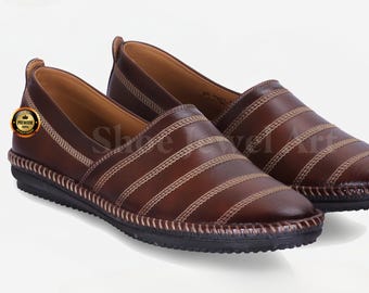 Handmade Brown Leather Indian Mojari Shoes: Groom Wedding Loafers