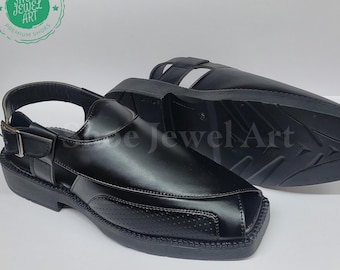 Vegan Leather Peshawari Sandals: Handcrafted Black Ethnic Wedding Shoes