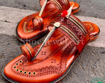 Handmade Dark Tan Kolhapuri Leather Sandals For Men, Indian Maharaja Style Slip-On Shoes, Premium Ethnic Footwear for Wedding & Festive wear