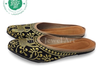 Embroidered Velvet Mule Shoes: Golden Indian Bridal Clogs