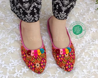 Floral Embroidered Mules: Handmade Pom Pom Ethnic Flats