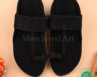 Mens Black Velvet Kolhapuri Sandals: Traditional Indian Slippers