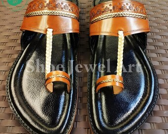 Handmade Kolhapuri Leather Sandals for Men, Traditional Indian Flat Slip-On Shoes, Premium Ethnic Footwear For Festive, Perfect Gift for Him