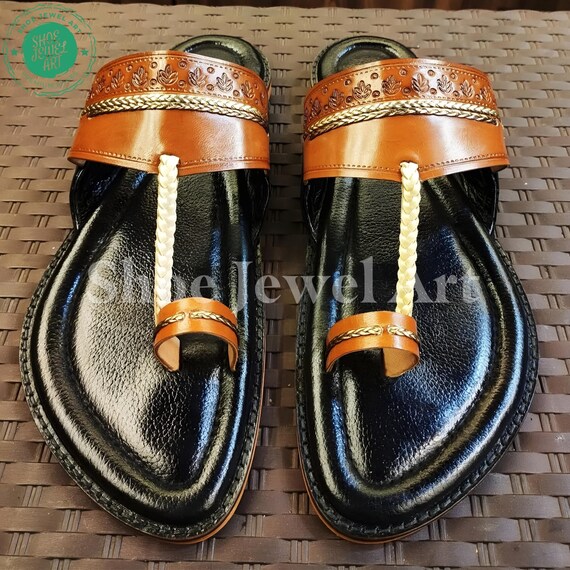 Handmade Kolhapuri Leather Sandals for Men, Traditional Indian Flat Slip-On Shoes, Premium Ethnic Footwear For Festive, Perfect Gift for Him