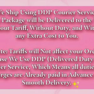 May include: Pink background with white text stating that packages to the USA are delivered without tariffs, duties, or extra costs. The text also explains the use of DDP courier service.