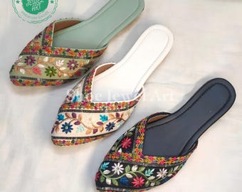 Embroidered Mules: Ethnic Wedding Flats, Handcrafted Jutti Shoes