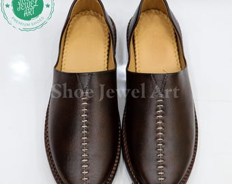 Chaussures à enfiler en cuir marron : mocassins faits main de coupe turque